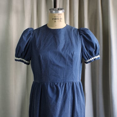 Swiss Dot 70's Dress / Vintage Daisy Maxi Dress / Navy Blue and White Polka Dot Dress 