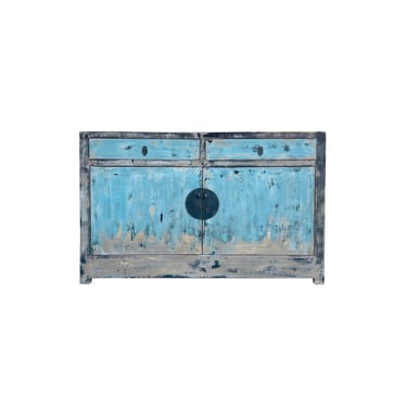 Distressed Black Rim Light Blue Doors Credenza Sideboard Console Table ws4358E 