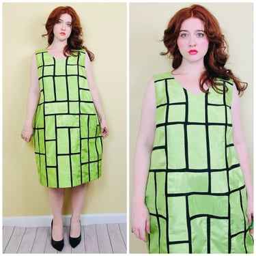 Y2K Diva Silk Lime Green Tent Dress / Vintage Patchwork Geometric Dress / Size 1X 