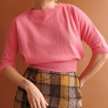 Vintage 50s Cropped Pink Jantzen Sweater/ 1950s Knit Wool Top with Quarter Sleeves and Boatneck/Size Large 
