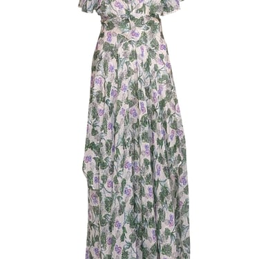 Maje - Ivory, Green, Lavender, & Silver Print Side Cut Out Maxi Dress Sz 2