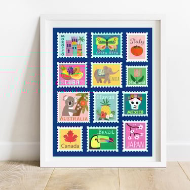 International Stamps 8 X 10 Art Print/ Travel Themed Illustration/ Around The World Wall Decor/ Foreign Postage Home Decor 