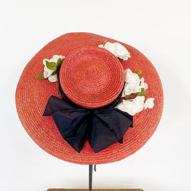 1940s Orange Wide Brim Straw Hat | 40s Orange Woven Straw Saucer Hat 