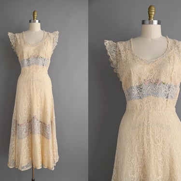 vintage 1930s dress | Antique Ethereal Lace Applique Floral Summer Gown | Medium Large 