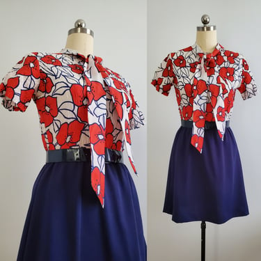1970s Mod GoGo Dress in Red White and Blue with Matching Belt - 70's Dress - 70s Women's Vintage Size Medium 