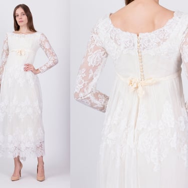 60s Alfred Angelo White Lace Wedding Dress Extra Small | Vintage Edythe Vincent Designer Long Sleeve Bridal Gown 