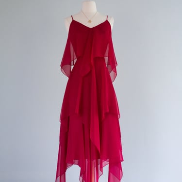 1970's RED FLAME Chiffon Party Dress / Small