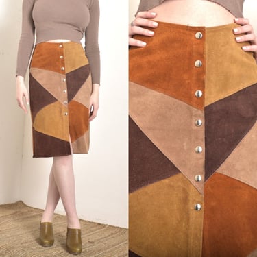 Vintage 1970s Skirt / 70s Patchwork Suede Snap Front Skirt / Brown ( small S ) 