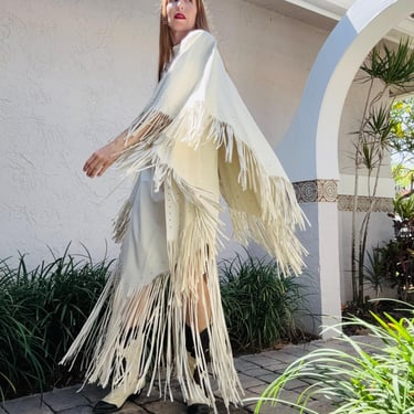 70s 80s Vintage White Leather Fringe Dress and Fringe Leather Cape 80s Country Music Western Wedding Cowgirl Dress by Mandana Medium 