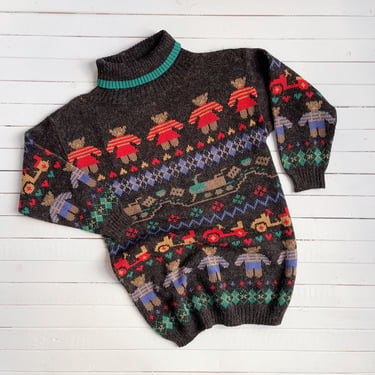 cute cottagecore sweater | 80s 90s vintage ZYGO teddy bear train car dark gray alpaca novelty streetwear aesthetic turtleneck sweater 