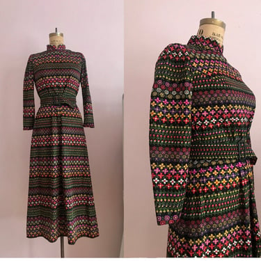 1970's Floral Striped 3-piece Winter Dress 