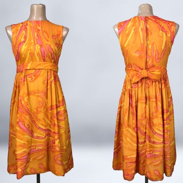 VINTAGE 60s Sheer Psychedelic Orange & Pink Swirl Empire Waist Mini Dress | 1960s Short Watercolor Cocktail Dress | VFG 