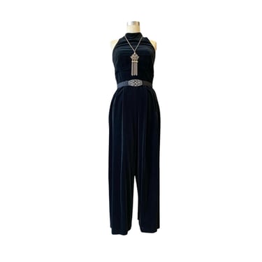 vintage 1990s Ann Tobias black velvet sleeveless jumpsuit, wide leg, mockneck, m 