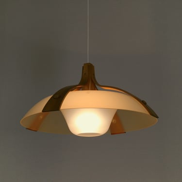 Vintage Temde 328 Layered Walnut Moulded Plastic Disc Pendant Lamp Ceiling Scandinavian Lighting Wooden Brutalist Accent Kitchen Suspension 