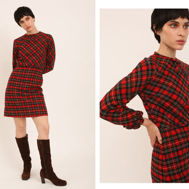Vintage 1950s 50s Jeune Leique by Cherberg Red Tartan Long Sleeve Ruffle Mini Dress w/ Buttoned Back and Bow Detail 