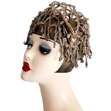 Antique Beaded Headress In Gray Beading Medusa Flapper 