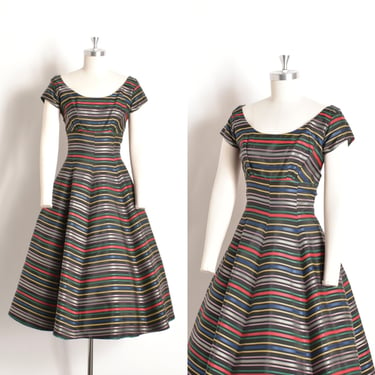 Vintage 1950s Dress / 50s Rainbow Stripe Taffeta Party Dress / Black ( small S ) 