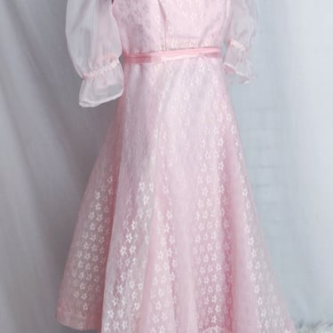 Vintage 80s Floor Length Pink Dream Dress // Overlay Empire Waist Puffed Sleeve Ruffled Sheer 