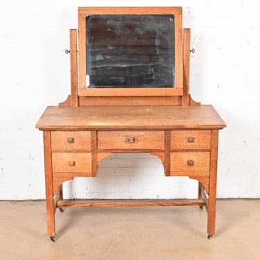 Gustav Stickley Style Mission Oak Arts & Crafts Dressing Table With Mirror and Chair, Circa 1900