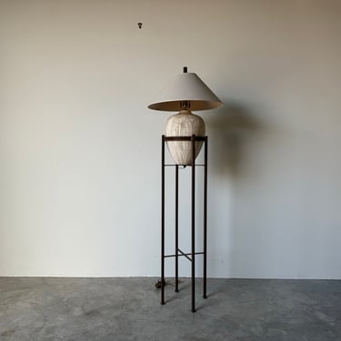 1980's Postmodern Organic Beige Ceramic Floor Lamp on Rustic Free Standing Iron Stand 