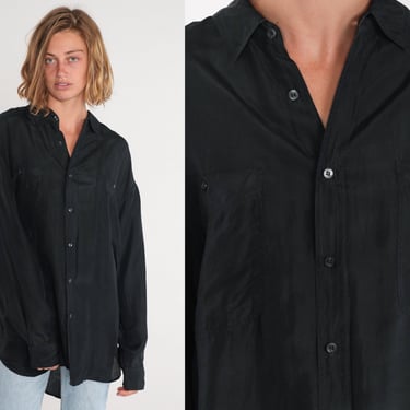 Black Silk Shirt Y2k Button up Shirt Plain Long Sleeve Collared Shirt Simple Basic Button Down Chest Pockets Minimal Vintage 00s Mens Large 