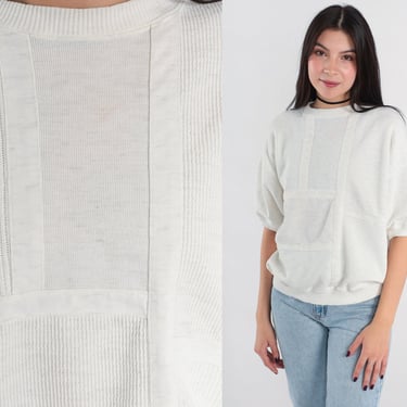 White Short Sleeve Sweatshirt 90s Plain Shirt Textured Slouchy Sweatshirt Drop Shoulder Retro 1990s Top Vintage Normcore Medium 