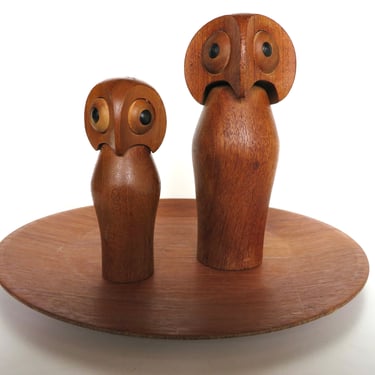 Set of 2 Danish Modern Teak Owls, Vintage Mid Century Modern Carved Wooden Bird Figurines 