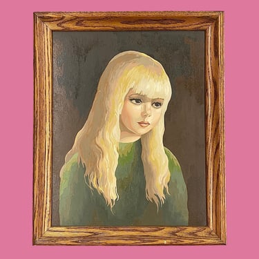 Vintage Portrait Painting 1970s Retro Size 23x19 Mid Century Modern + Young Blonde Girl + Acrylic + On Hardboard + Framed + MCM Wall Art 