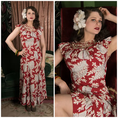 1940s Dress - Gorgeous Vintage 40s Printed Cold Rayon Hawaiian Holomuu in Red with White and Grey As Is 
