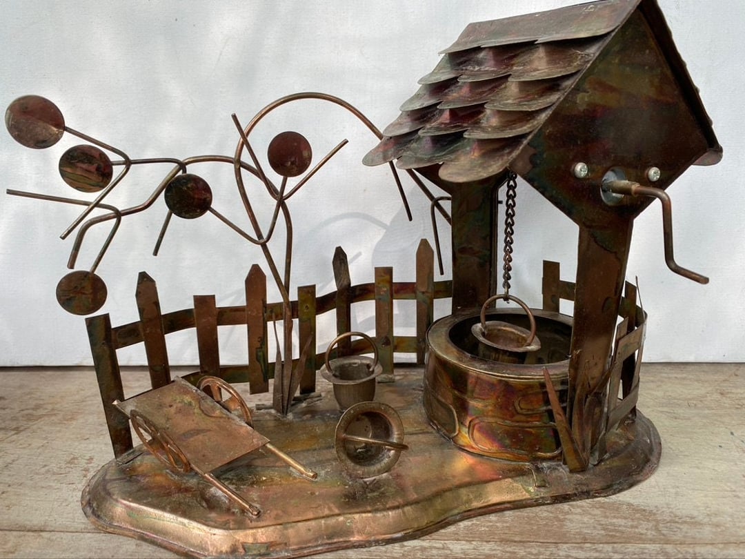 Vintage Metal Wishing Well Tin Sculpture, Music Box Plays Three