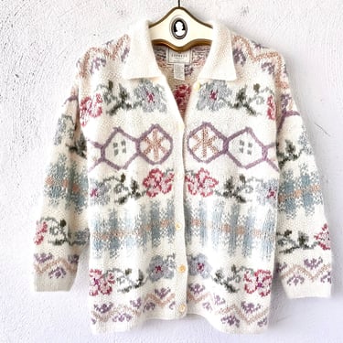 Vintage Fuzzy Angora Cardigan 90s Express Tricot Floral Sweater 1990s Boho Country Knit Collar Silk Top 