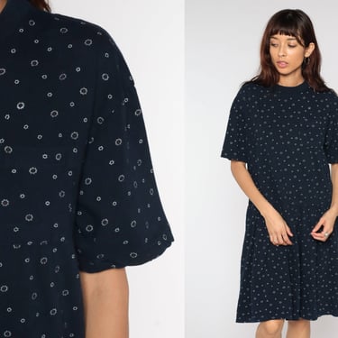 90s Star Dress Sun Print Navy Blue Drop Waist Midi Dress Pleated Skirt Vintage Short Sleeve Knee Length Summer Cotton Ditsy Patterned Large 