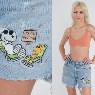 Snoopy Shorts 90s Distressed Denim Cutoffs Jean Shorts Woodstock Peanuts Blue High Waist Frayed Cut Off Blue Painted Vintage 1990s Large 34 