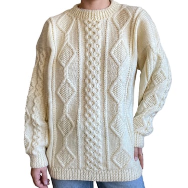 Vintage Womens Hand Knit White Fisherman Crew Oversized Winter Chunky Sweater XL 