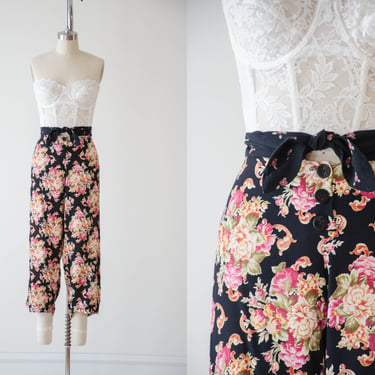 high waisted pants | 90s y2k vintage black pink floral cute cottagecore tie waist straight leg cropped pants 