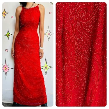 Vintage 80s 90s Cherry Red Fully Beaded Full-Length Glam Gown - S 