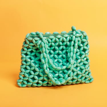 60s Teal Blue Bead Jewel Handle Purse Vintage Novelty Beaded Stone Sling Bag 