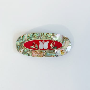 80s Iridescent Abalone Shell Inlay White Floral Red Large Oval Barrette 