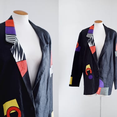 80s Modern Art Linen Blazer - L/XL 