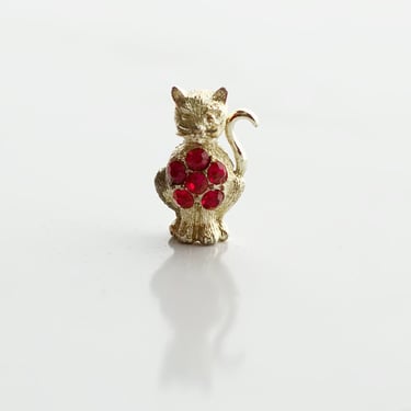 Vintage Cat Pin | Small Cat Brooch with Red Rhinestones 