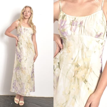 Vintage 1990s Dress / 90s Pastel Floral Print Maxi Dress / Green Purple Cream ( XS S ) 