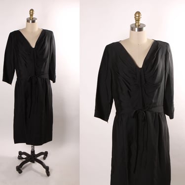 Late 1940s Early 1950s Black Half Sleeve Ruched Bodice Waist Tie Dress -L 