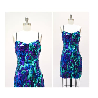 90s Vintage Sequin Dress XS Small Metallic Dress Blue Purple Sequin Dress Tank// Vintage 90s Prom Dress Sequin Cocktail Formal Pageant Dress 