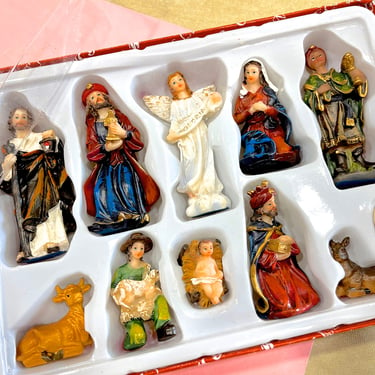 VINTAGE: Small Hand Painted Polystone Resin Nativity Set in Box - Hand Painted Nativity Set - Feather Tree Nativity - Christmas, Holidays 