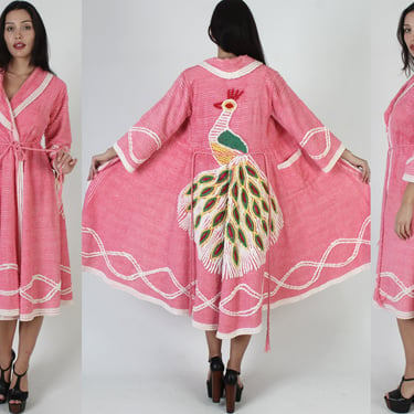 40s Chenille Elegant Peacock Embroidered Dressing Robe, 50's Ribbed Wide Sweep House Dress, Vintage Colorful Wrap Evening Nighty 