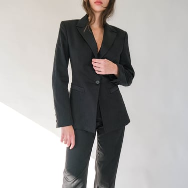 Vintage 90s Richard Tyler Couture Black Floral Embroidered Cotton Silk Blend Blazer & Pant Suit | Made in USA | 1990s Designer Womens Suit 
