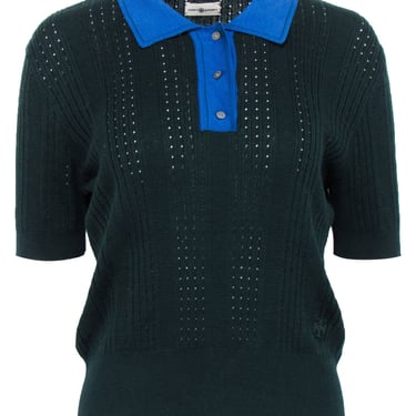 Tory Burch Sport - Dark Green Knit Polo Top w/ Blue Contrast Collar Sz L
