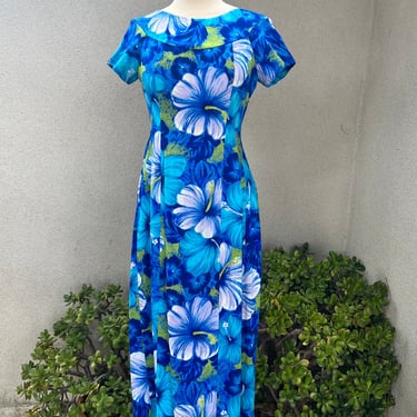Vintage Hawaiian luau maxi dress hibiscus blue print Sz S/M Made in Hawaii 
