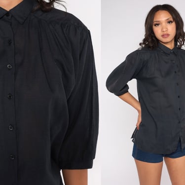 80s Black Blouse Button up Shirt 3/4 Sleeve Collared Semi-Sheer Top Retro Formal Preppy Secretary Simple Vintage 1980s Plain Medium M 