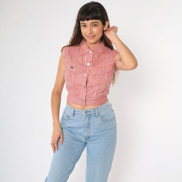 Vintage Striped Crop Top 90s Red White Cotton Vest Top Sleeveless Button Up Top 1990s Collared Western Chest Pocket Small 